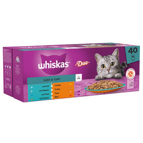 Whiskas 1+ Duo Surf and Turf Pouches in Jelly 40 x 85g Wet Cat Food