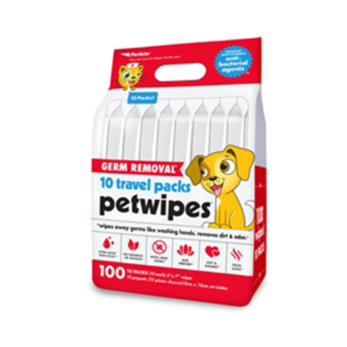 Petkin Germ Removal 10 Travel Pack Petwipes, 100 Wipes