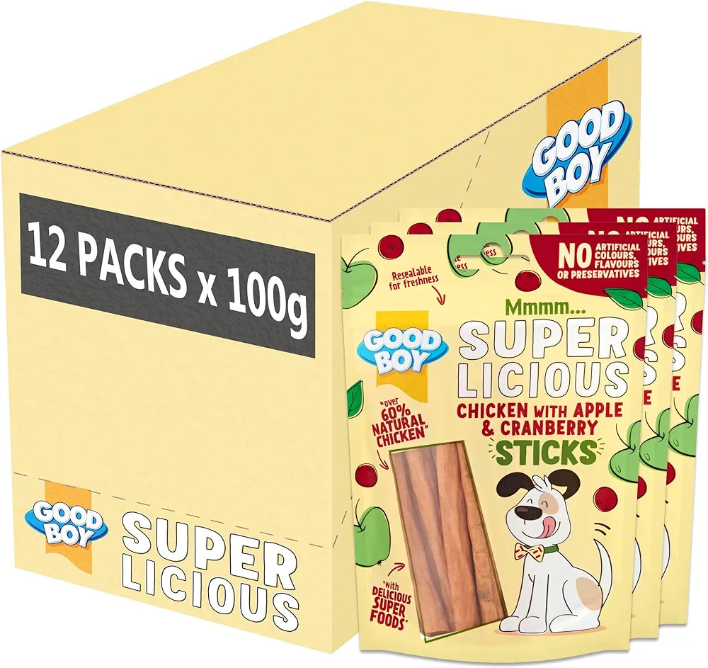 Good Boy Super Licious Chicken with Apple &amp; Cranberry Sticks 12×100g