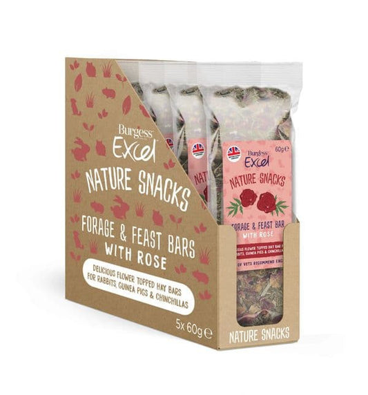 Burgess 5 x 60g Excel Forage & Feast Hay Bar with Rose - Small Animal Treats