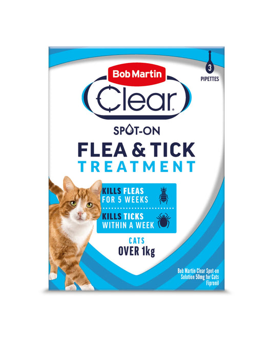 Bob Martin Flea & Tick Clear Spot On - 3 Pipettes - Cat Care Treatment